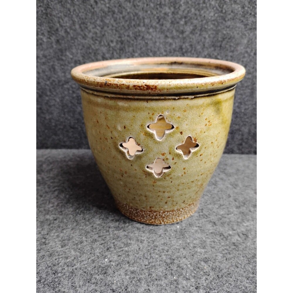 Vintage Wisconsin Pottery Crock Stamped Huntley w Cut Outs 1995 Green 4.5 inches